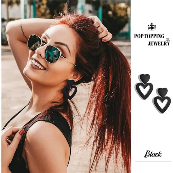 Black Double Heart Dangle Earrings Love Drop Earrings for Women Valentines Gift - Picture 4 of 7